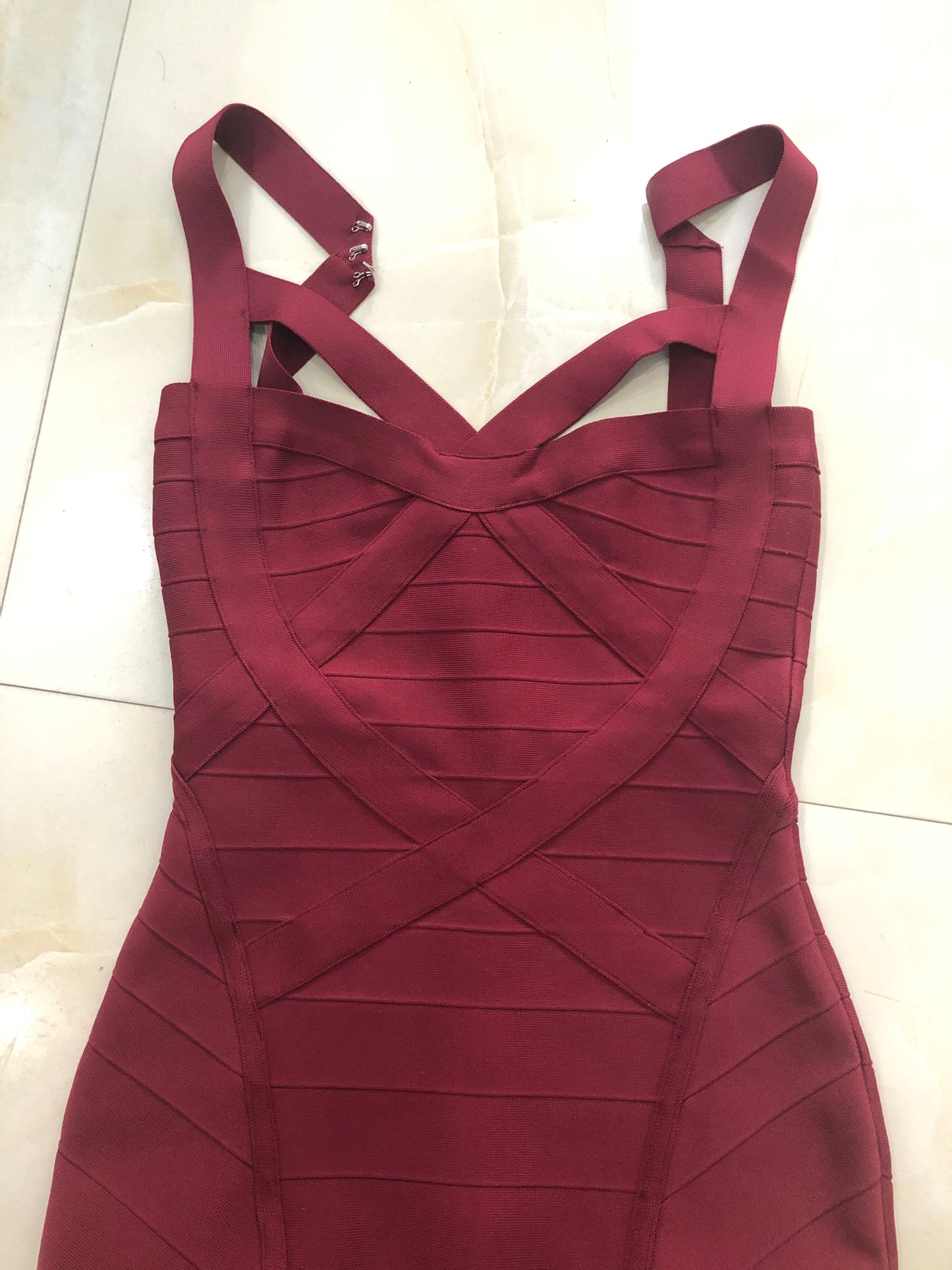 V Neck Wine Color Bandage Dress