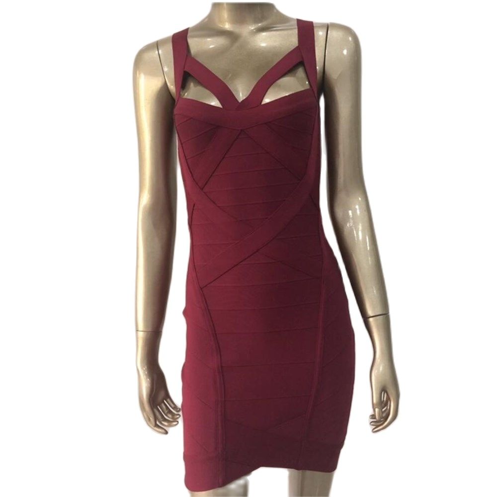 V Neck Wine Color Bandage Dress
