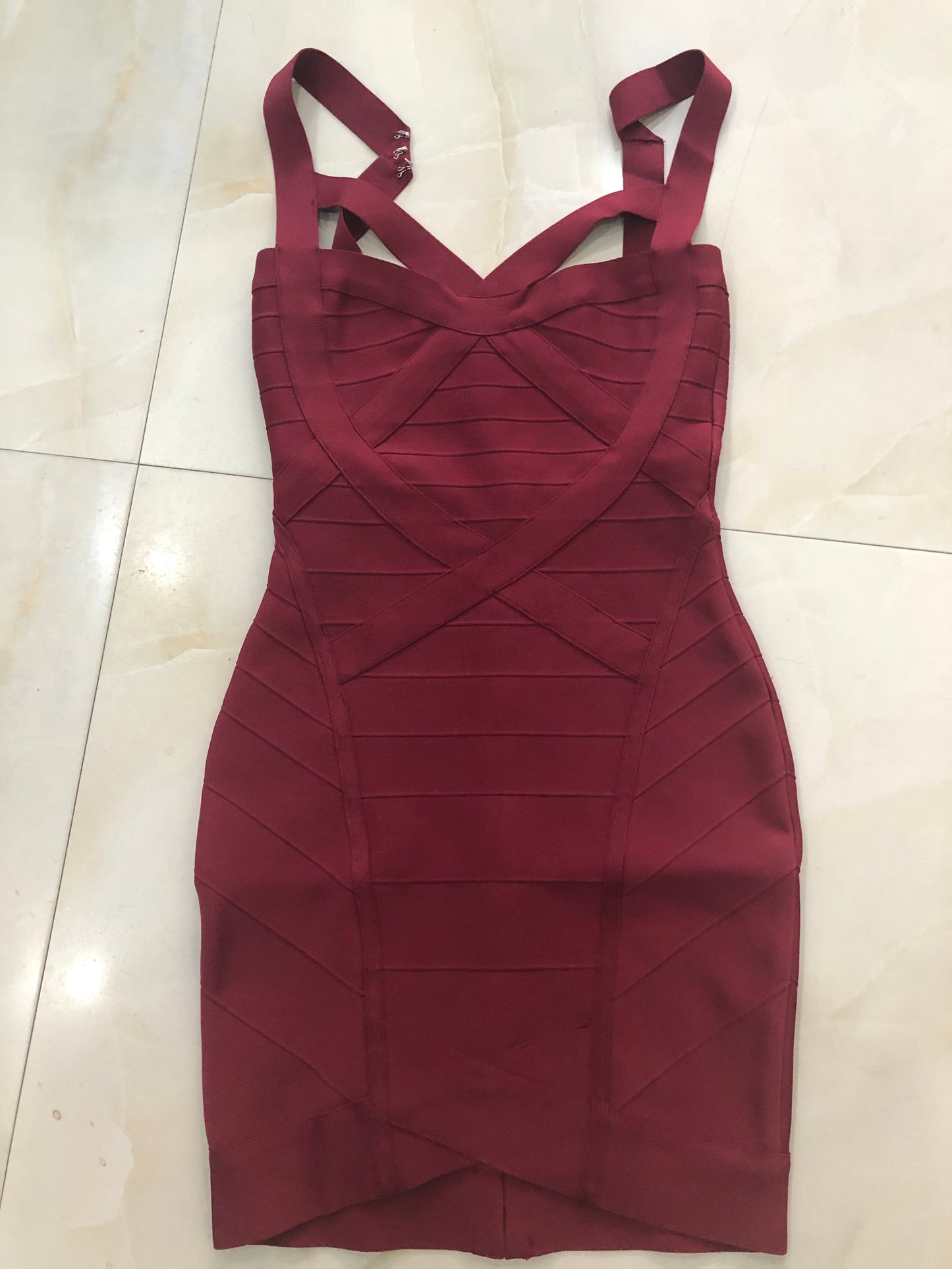 V Neck Wine Color Bandage Dress