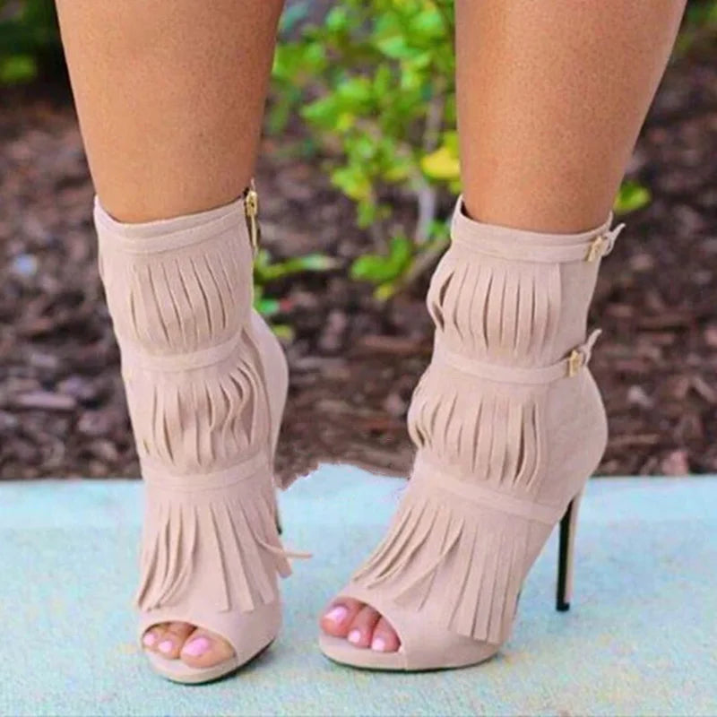 Fringe Designed Buckle Strap High Heels