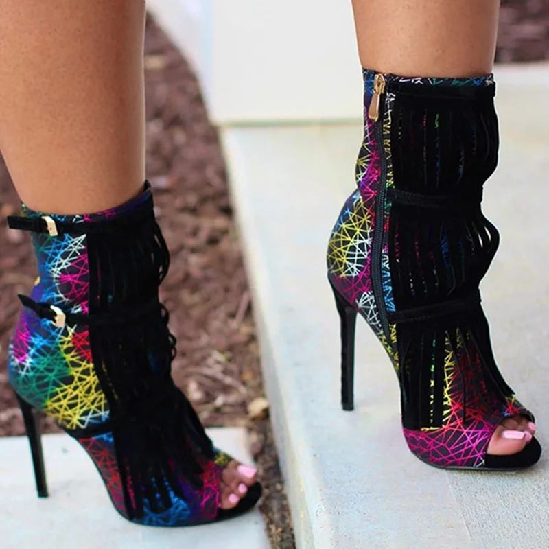 Fringe Designed Buckle Strap High Heels