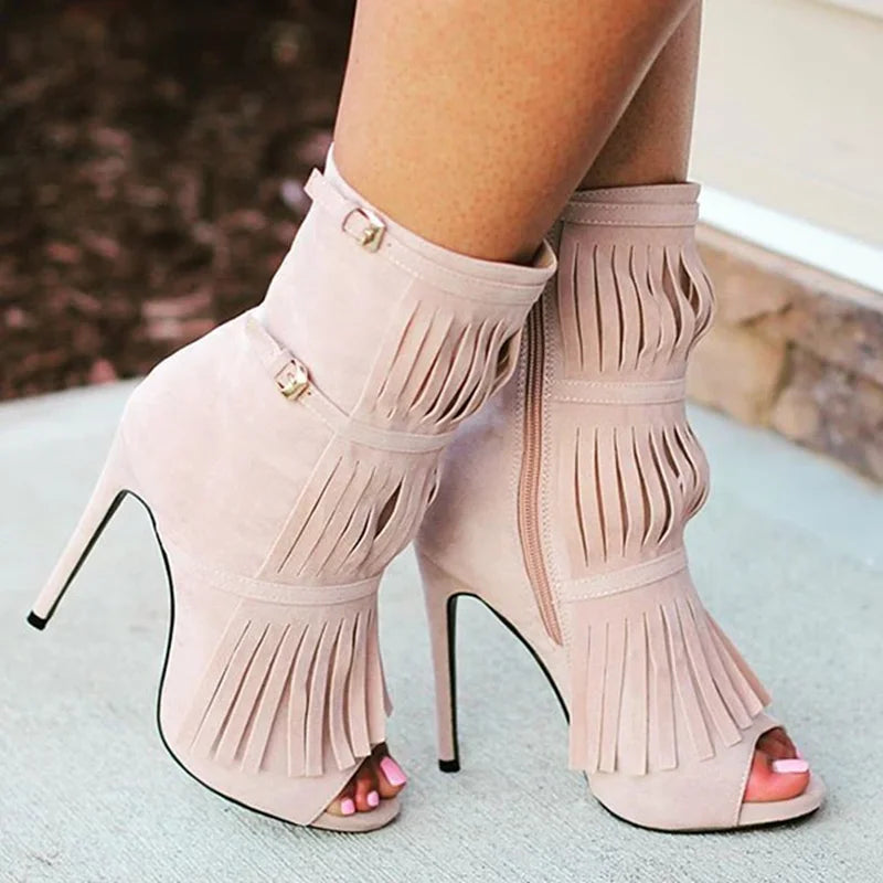 Fringe Designed Buckle Strap High Heels