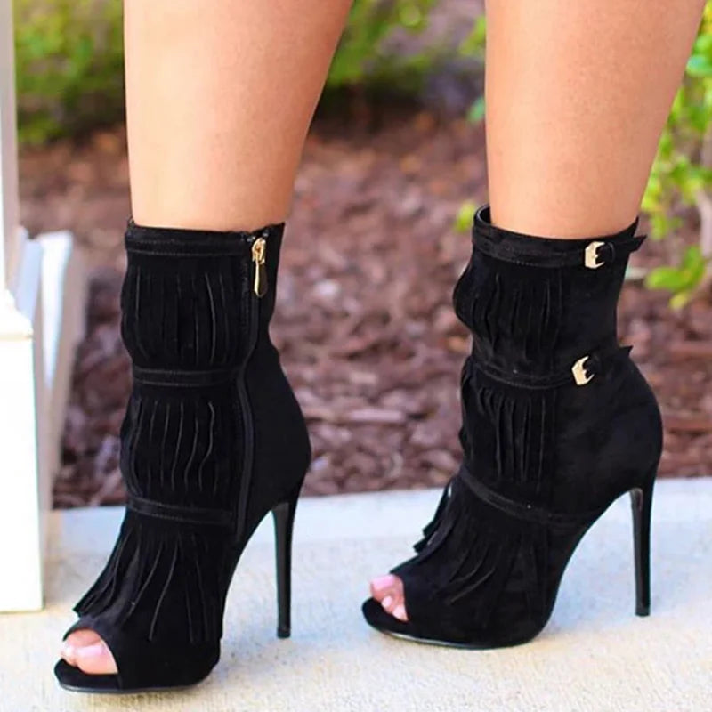 Fringe Designed Buckle Strap High Heels