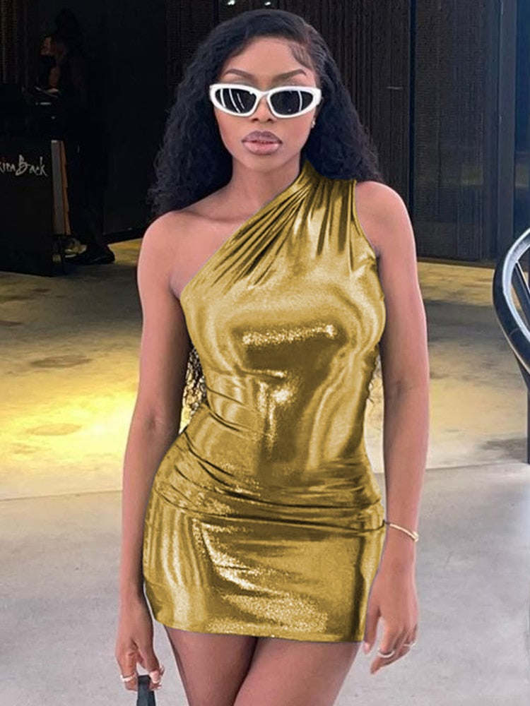 One Shoulder Metallic Sexy Dress