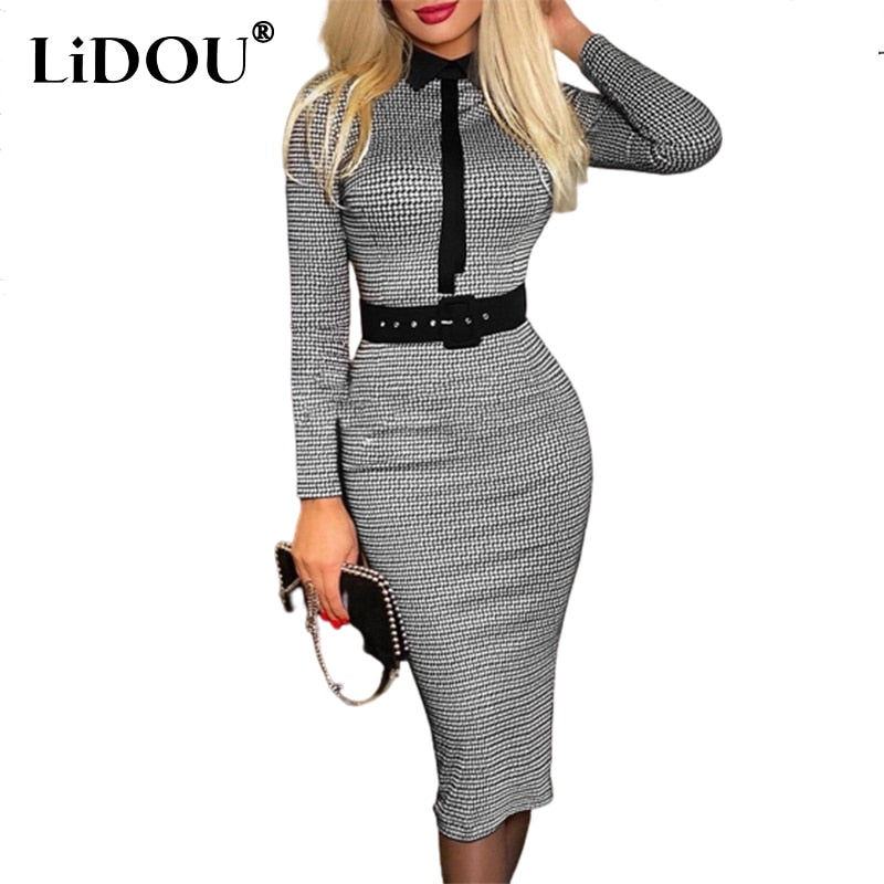 Vintage Print Long Sleeve Belt Slim Bodycon Dress