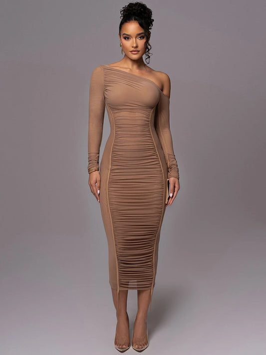 Diagonal Shoulder Long Sleeve Midi Dress