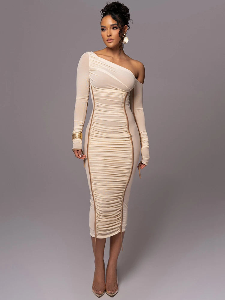 Diagonal Shoulder Long Sleeve Midi Dress