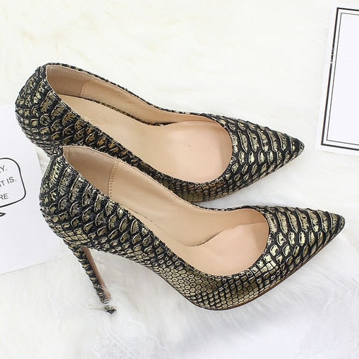 Pointed Toe Snakeskin Leather Heels