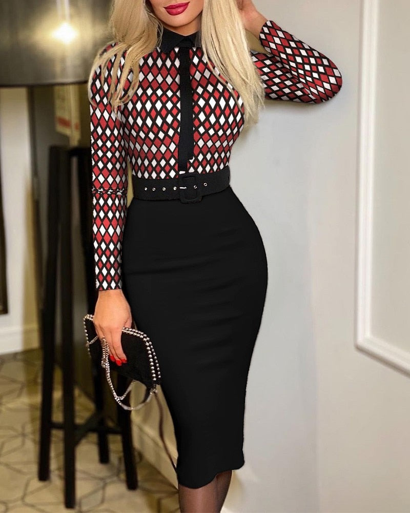 Vintage Print Long Sleeve Belt Slim Bodycon Dress