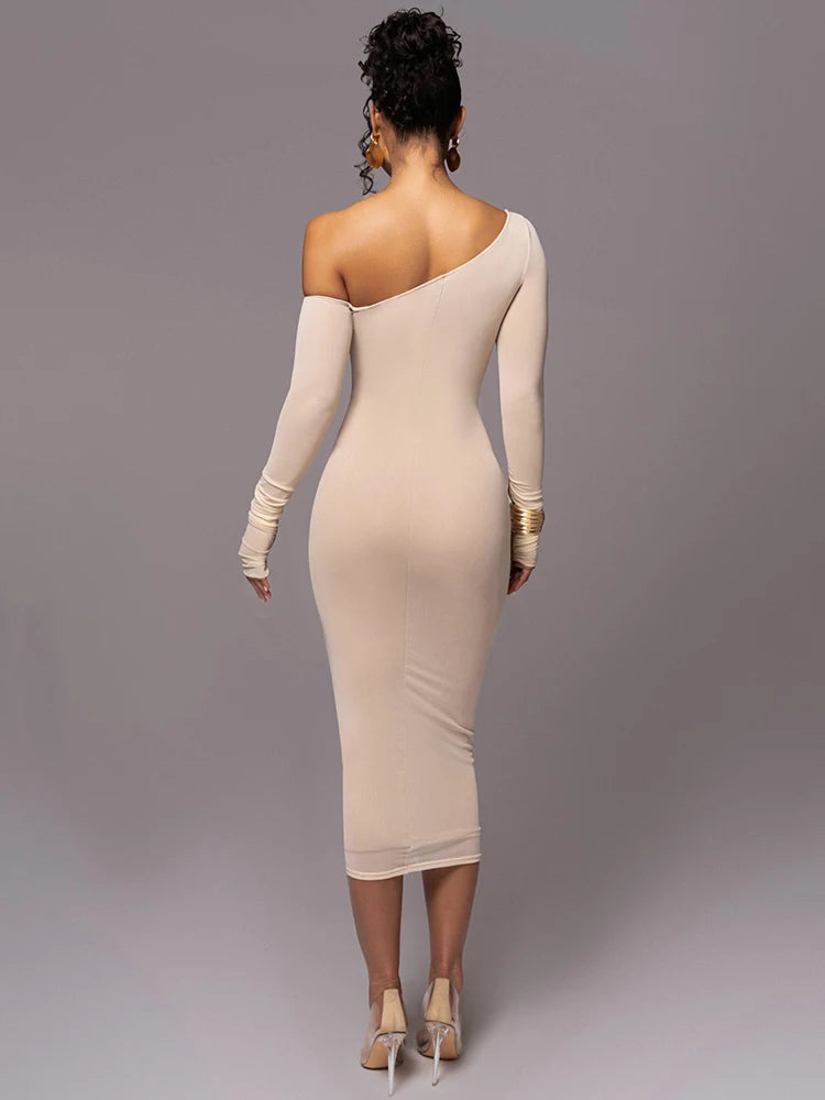 Diagonal Shoulder Long Sleeve Midi Dress