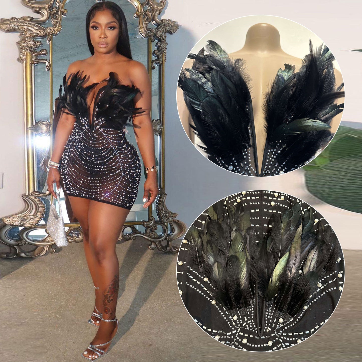 Feathered V-Cut Party Dress