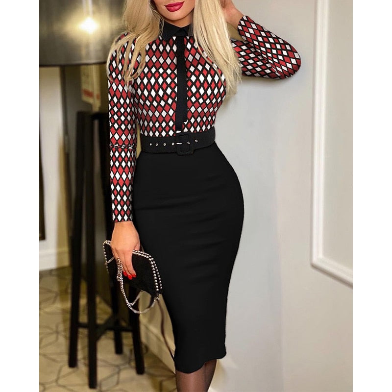 Vintage Print Long Sleeve Belt Slim Bodycon Dress