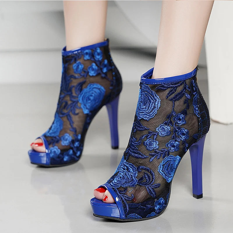 Floral Design Mesh Gladiator Heels