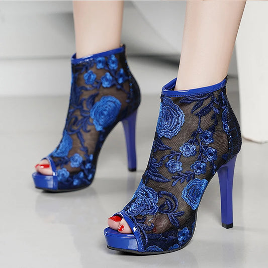 Floral Design Mesh Gladiator Heels