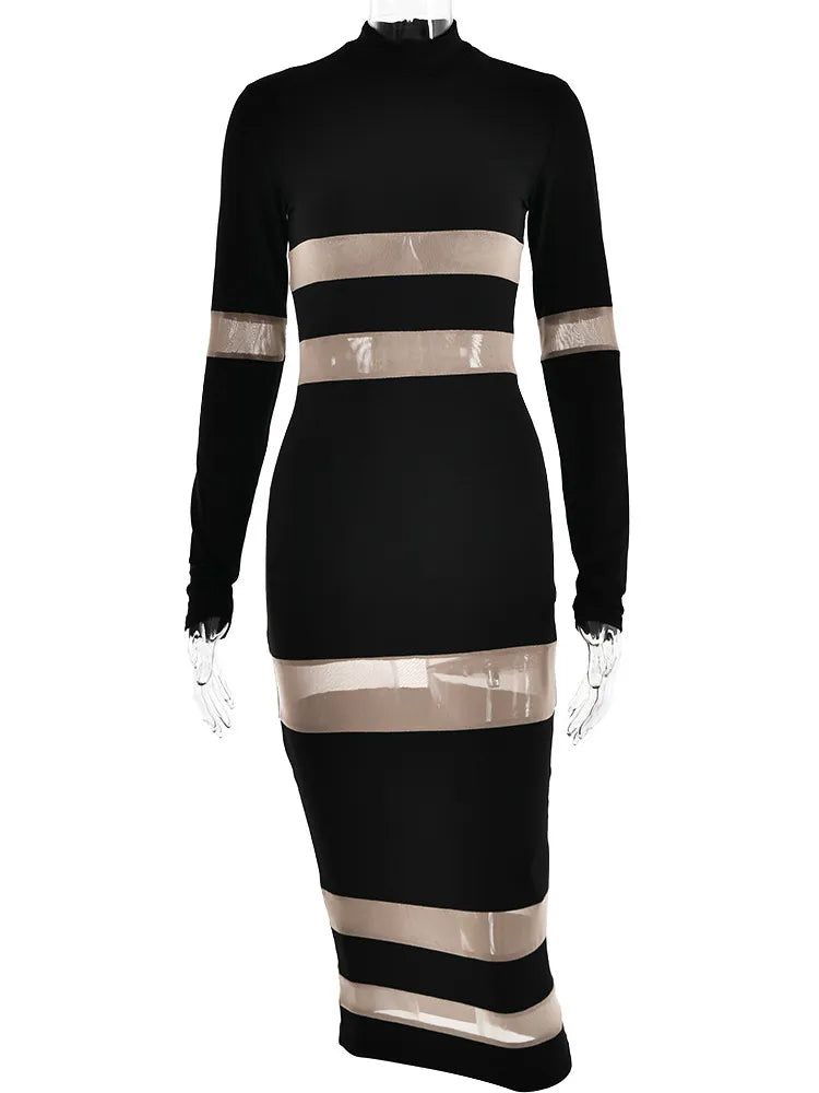 Transparent Mesh Patchwork Long Sleeve Dress