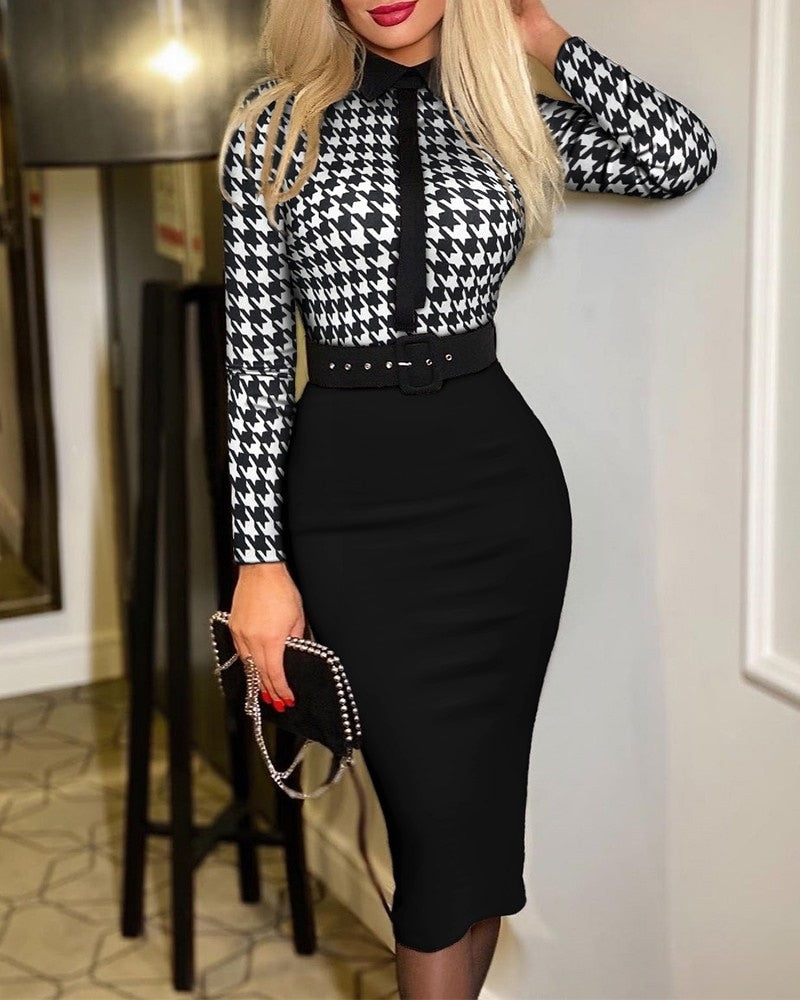 Vintage Print Long Sleeve Belt Slim Bodycon Dress