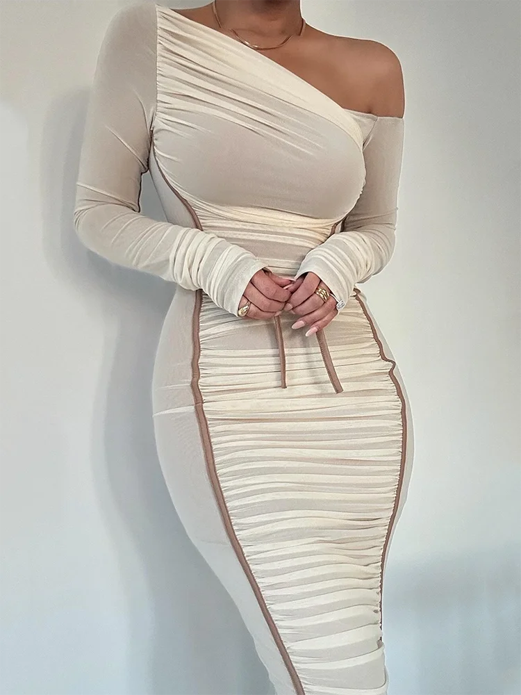 Diagonal Shoulder Long Sleeve Midi Dress