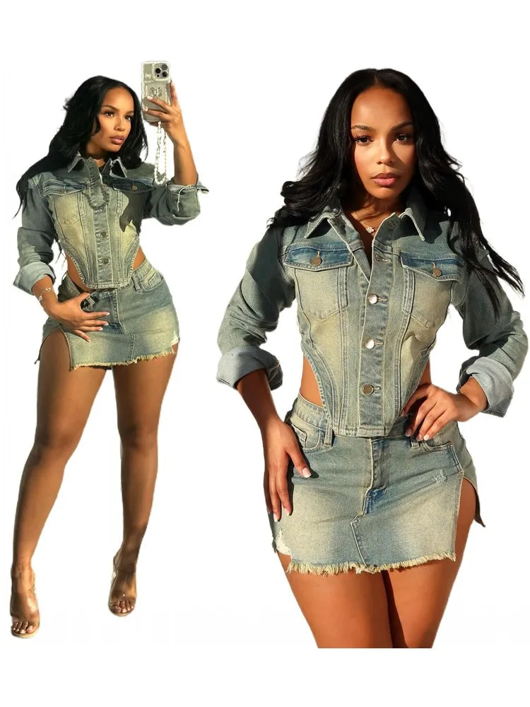 Denim 2 Piece High Waist Skirt Set