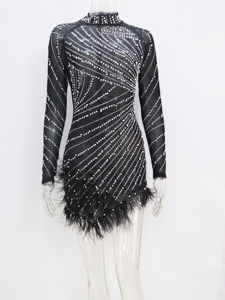 Party Dress: Rhinestones & Pearls Feather Mini Dress