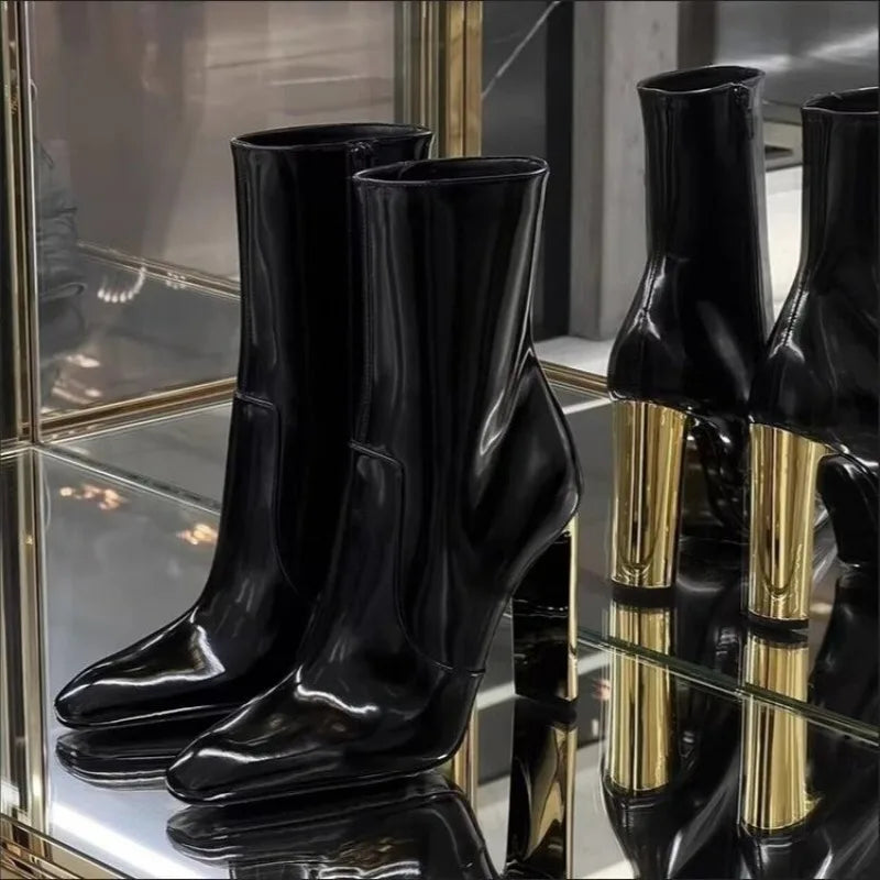 Pointed Toe Black Patent Leather Ankle Boots