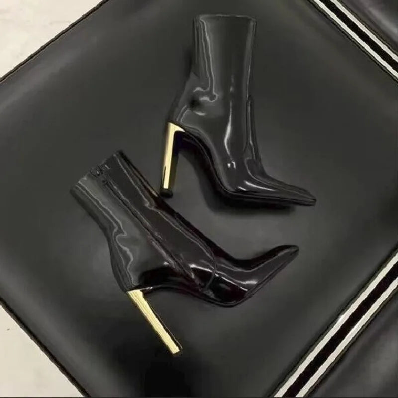 Pointed Toe Black Patent Leather Ankle Boots