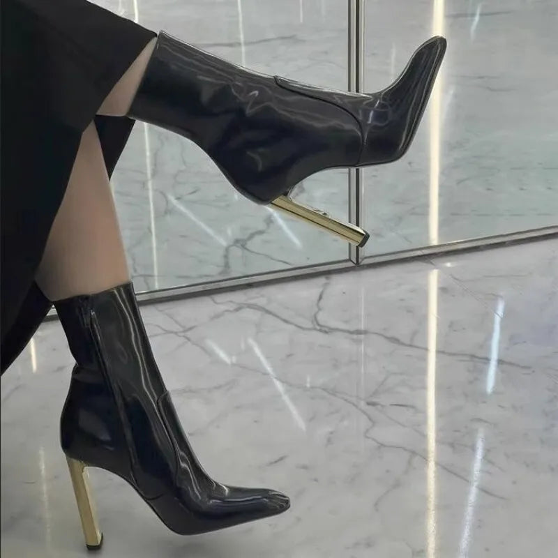 Pointed Toe Black Patent Leather Ankle Boots