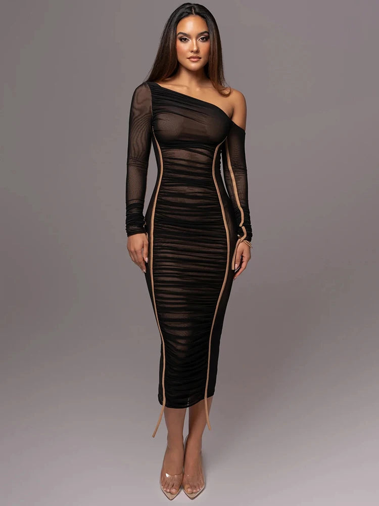 Diagonal Shoulder Long Sleeve Midi Dress