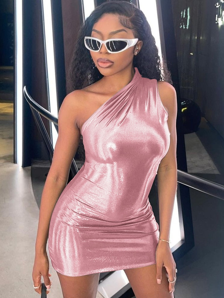 One Shoulder Metallic Sexy Dress