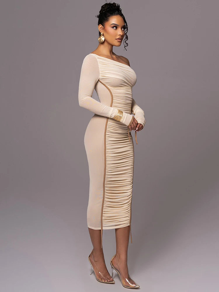 Diagonal Shoulder Long Sleeve Midi Dress