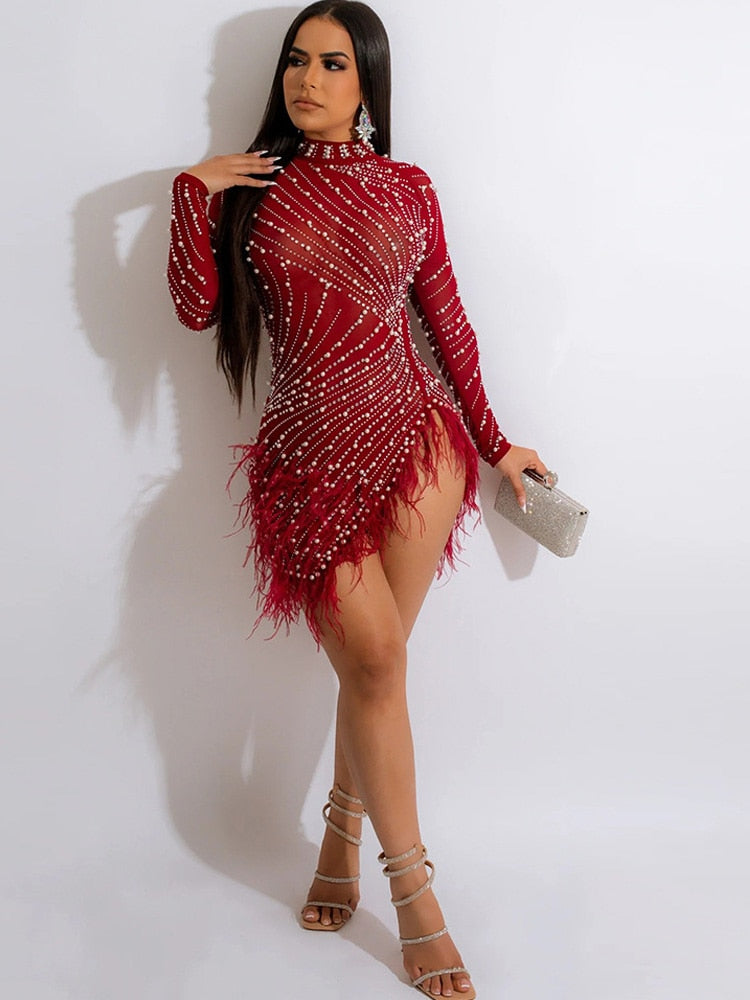 Party Dress: Rhinestones & Pearls Feather Mini Dress