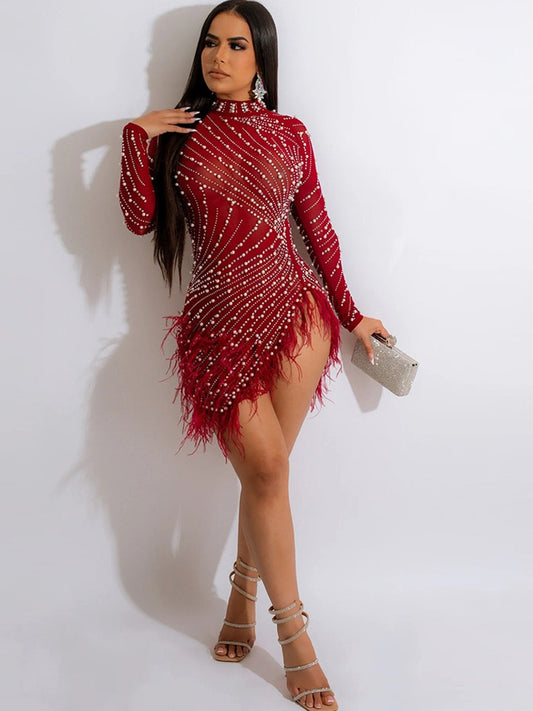 Party Dress: Rhinestones & Pearls Feather Mini Dress