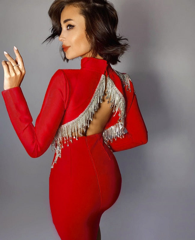 Red Sexy Backless Dress with Diamonds Tassel