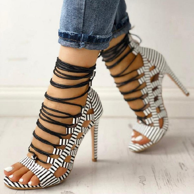 Stripe Cross Strapped Sandals