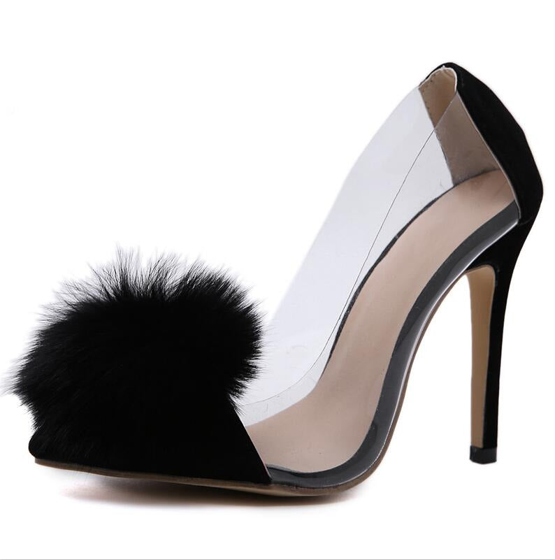 Black Pom-Pom Clear Heel