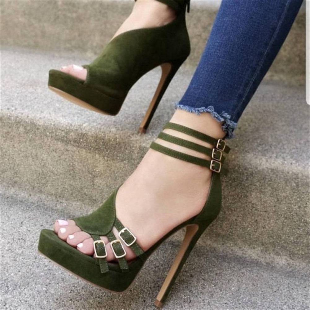 Green Buckle-Strap Platform Heels