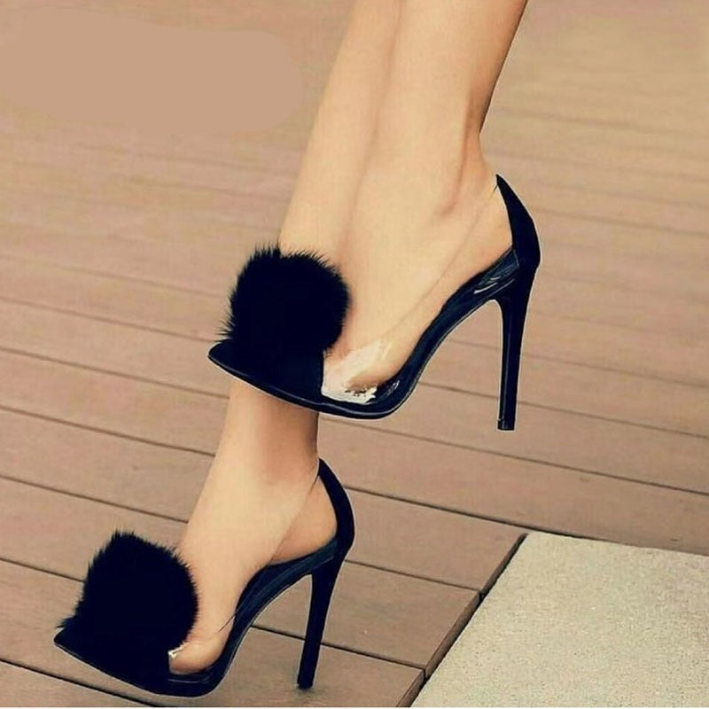 Black Pom-Pom Clear Heel