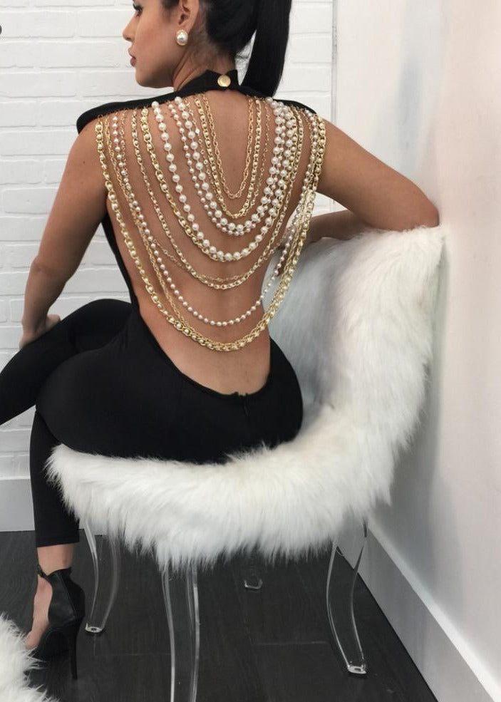 Pearl Chain Sexy Backless Jumpsuit