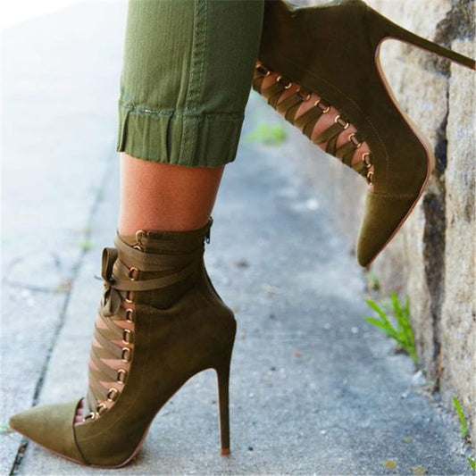 Lace Up Pointed Toe Ankle Strap Heels