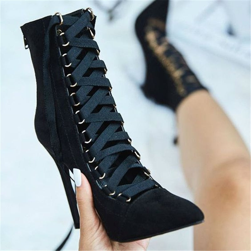 Lace Up Pointed Toe Ankle Strap Heels