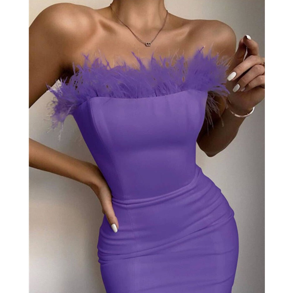 Sexy strapless Feather Midi Dress