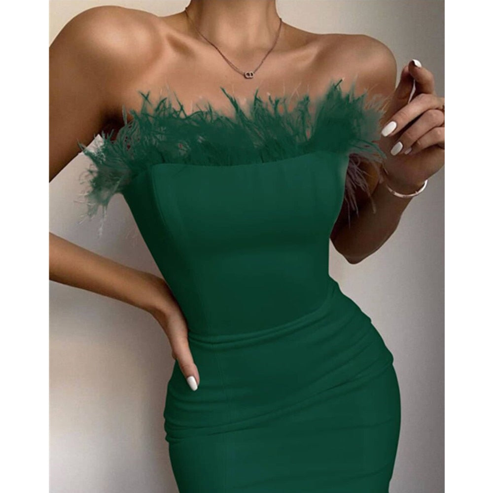 Sexy strapless Feather Midi Dress