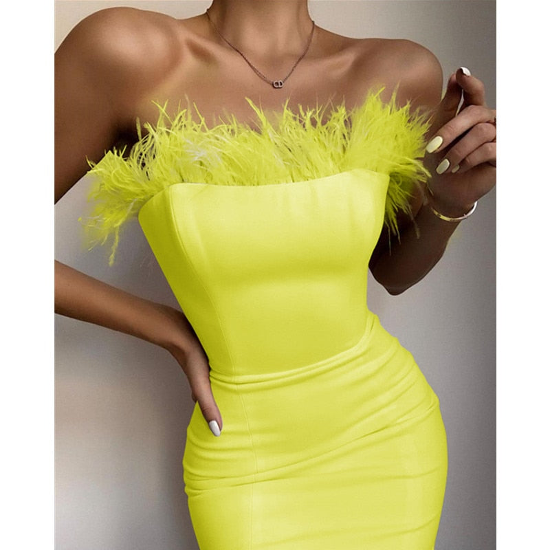 Sexy strapless Feather Midi Dress