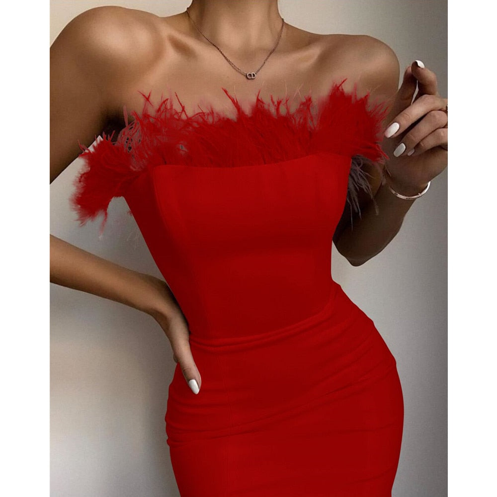 Sexy strapless Feather Midi Dress