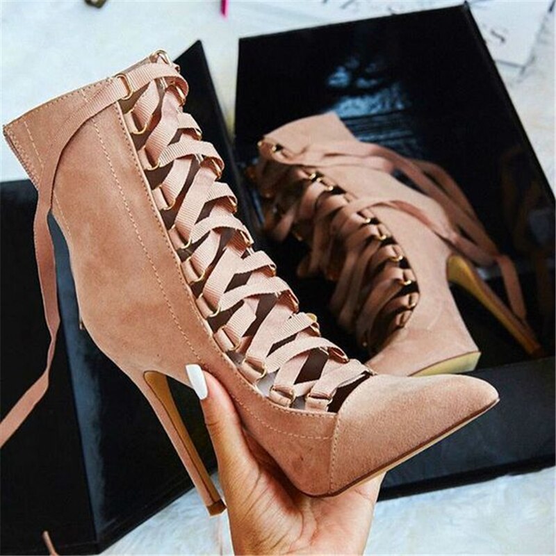 Lace Up Pointed Toe Ankle Strap Heels