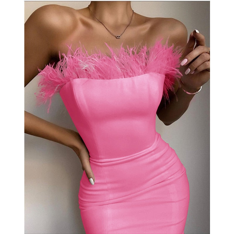 Sexy strapless Feather Midi Dress