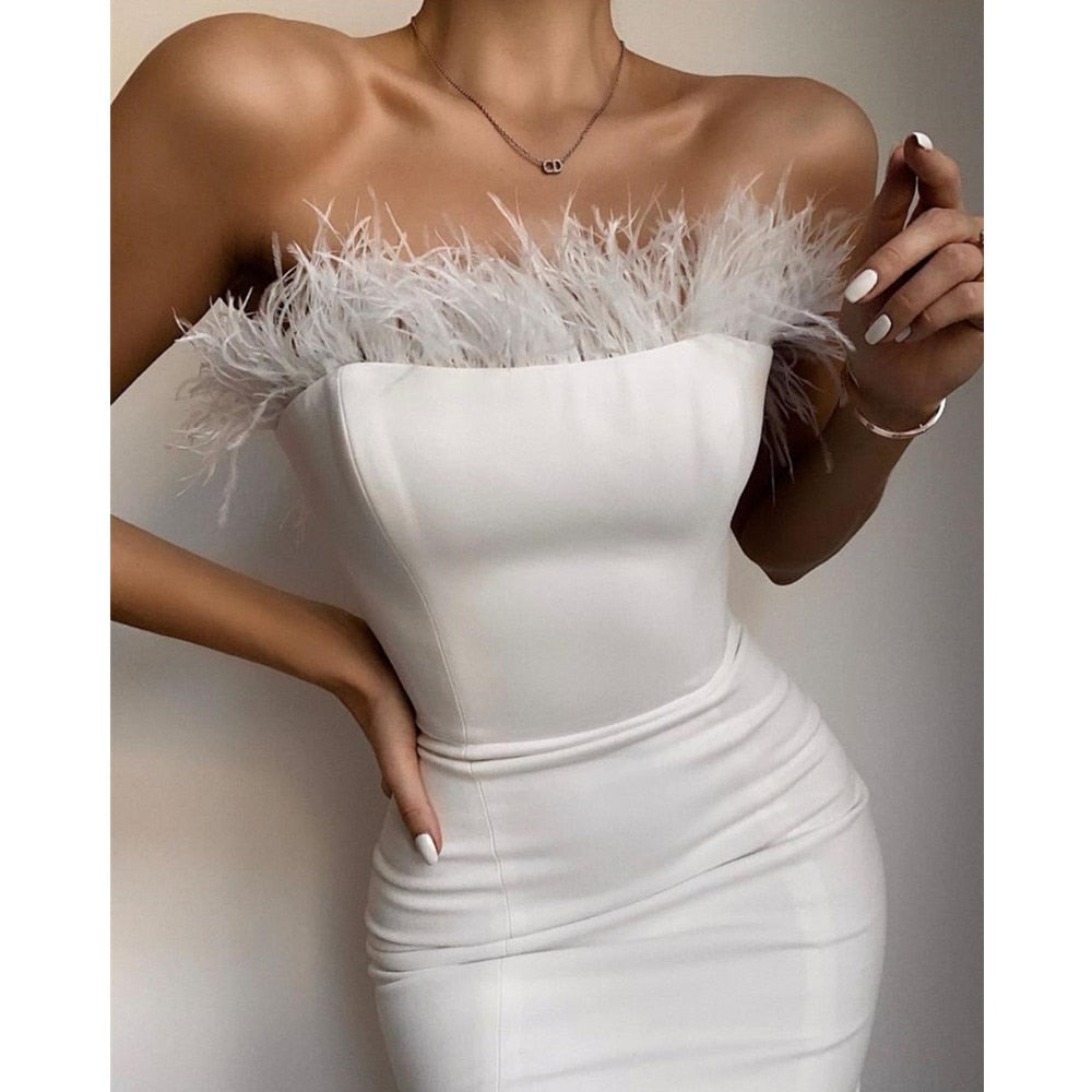 Sexy strapless Feather Midi Dress