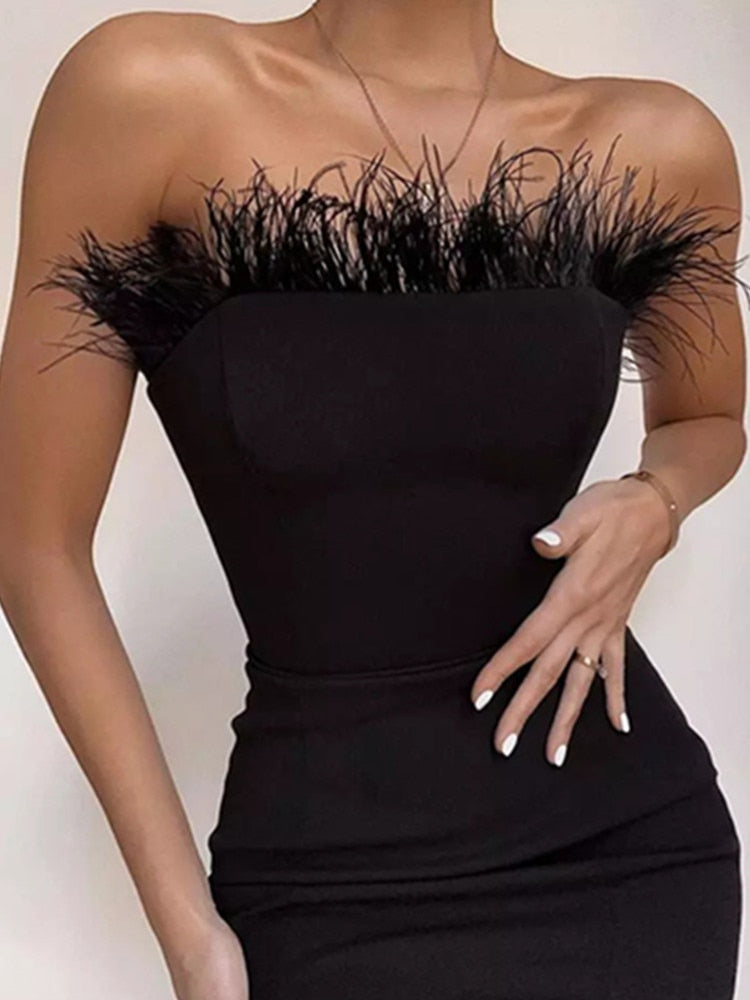 Sexy strapless Feather Midi Dress