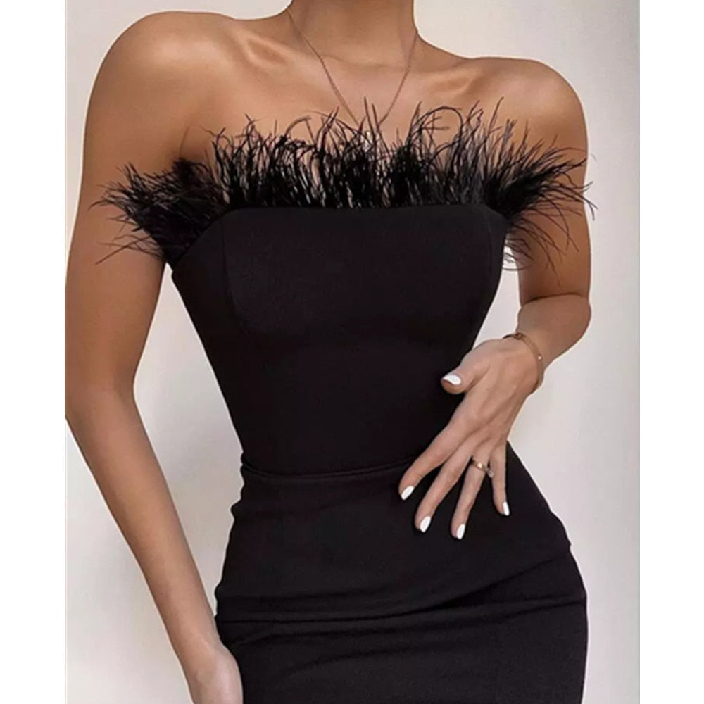 Sexy strapless Feather Midi Dress