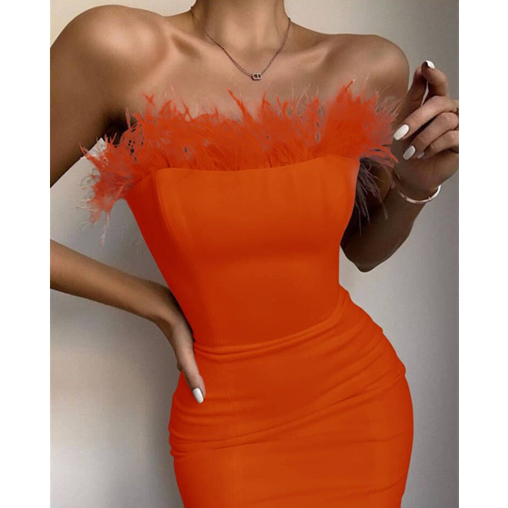 Sexy strapless Feather Midi Dress