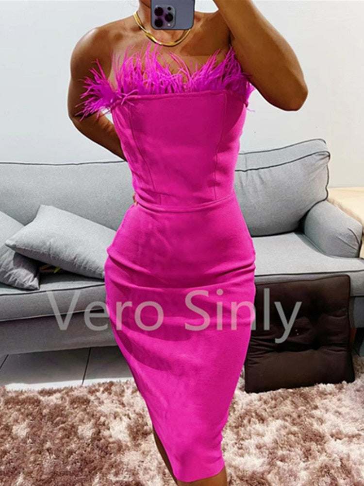 Sexy strapless Feather Midi Dress